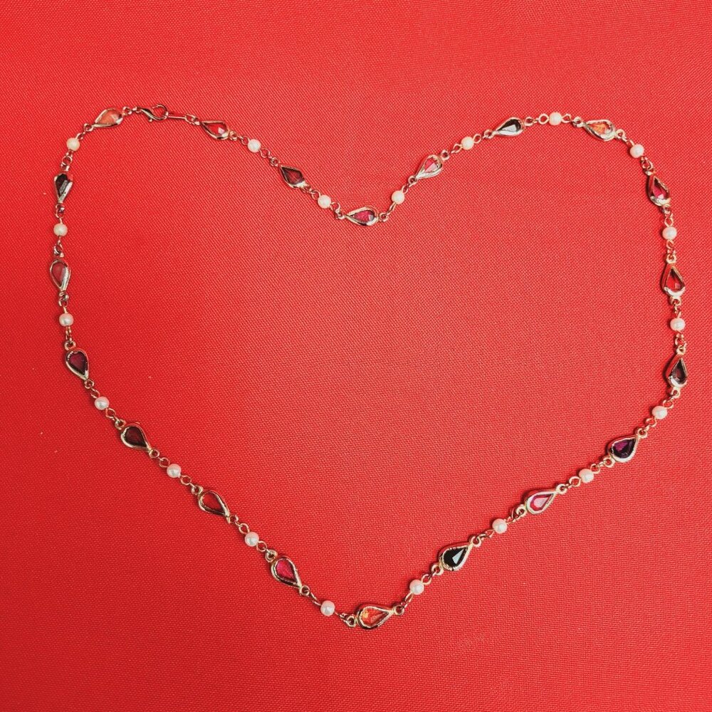 Gold Tone Necklace With Tear Shaped Jewel Tone Stations